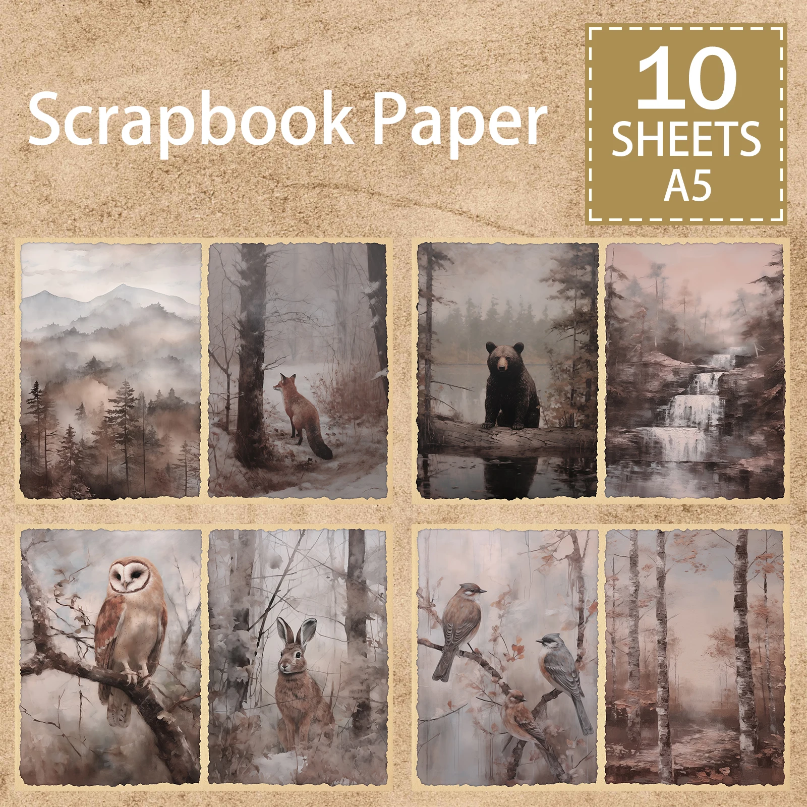 10 Sheets A5 Size Forest Rabbit Brown Bear Background Vintage Grunge Journal Planning Scrapbooking