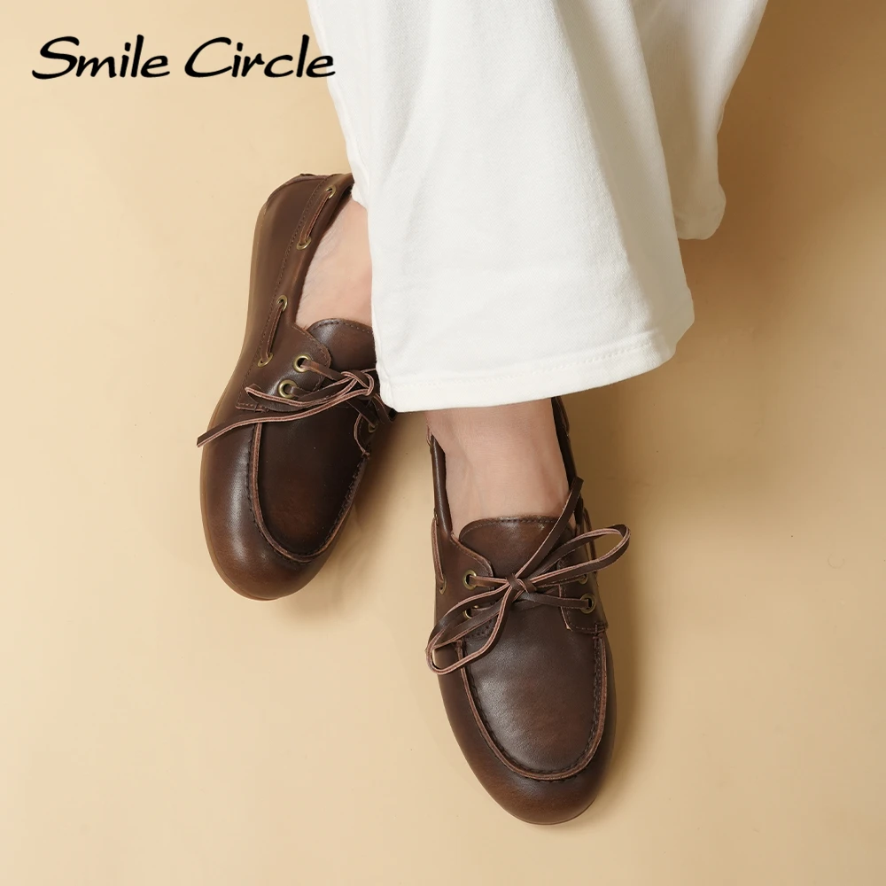 Smile Circle Boat Shoes Women Genuine Leather Loafers Moccasins Lace-up Flat Shoes