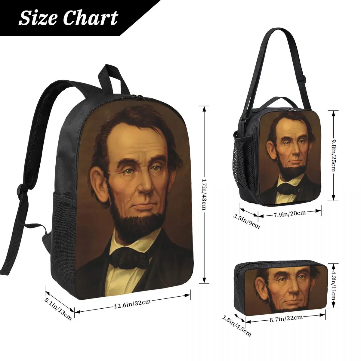 Abraham Lincoln Bust Portrait Backpack Boys Girls BookBag School Bag Computer Shoulder Bags 3ps Insulated Lunch Bag Pencil Case