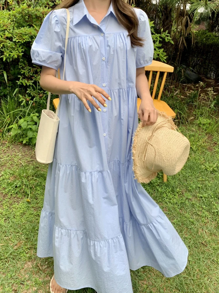 Vestido longo f de verão 2024, foado, com mangas bufantes, design com fendas, e, com botão único, saia em cam...