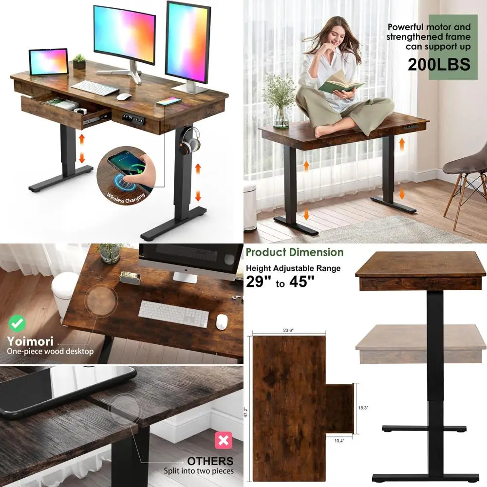 

Adjustable Height Desk 48x24 with Drawer & 12W Wireless Charging Wooden Top