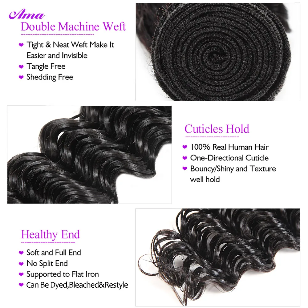 Bundles brésiliens de cheveux humains Deep Wave avec fermeture, partie libre, 4x4 ", 3/4