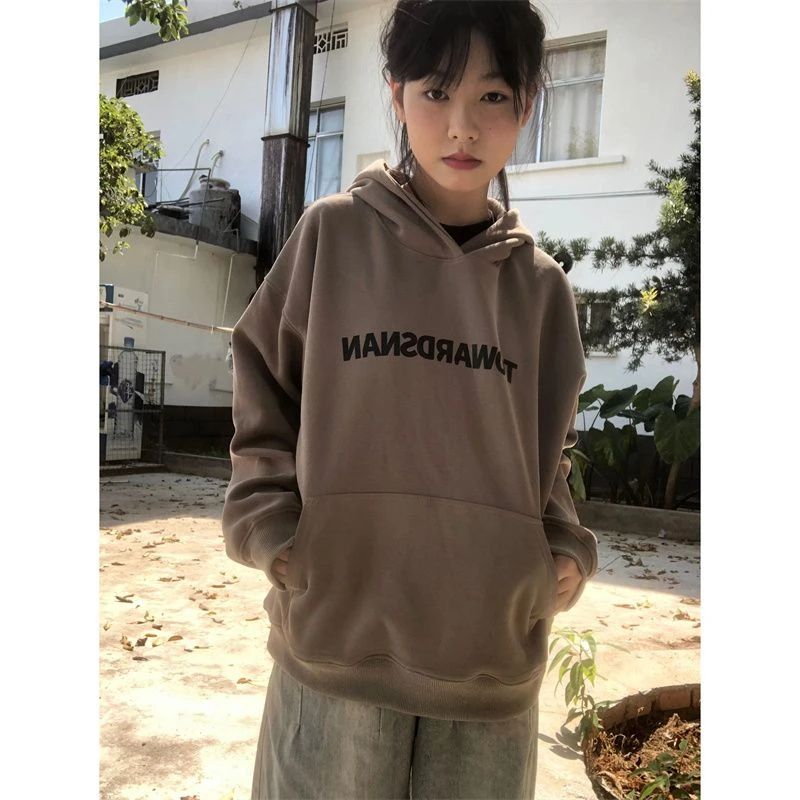 Womens Clothing Vintage Street Sweatshirt Y2K Letter Pattern Pullover Hooded Hoodie Long Sleeves Warm Oversize Baggy Ladies Tops