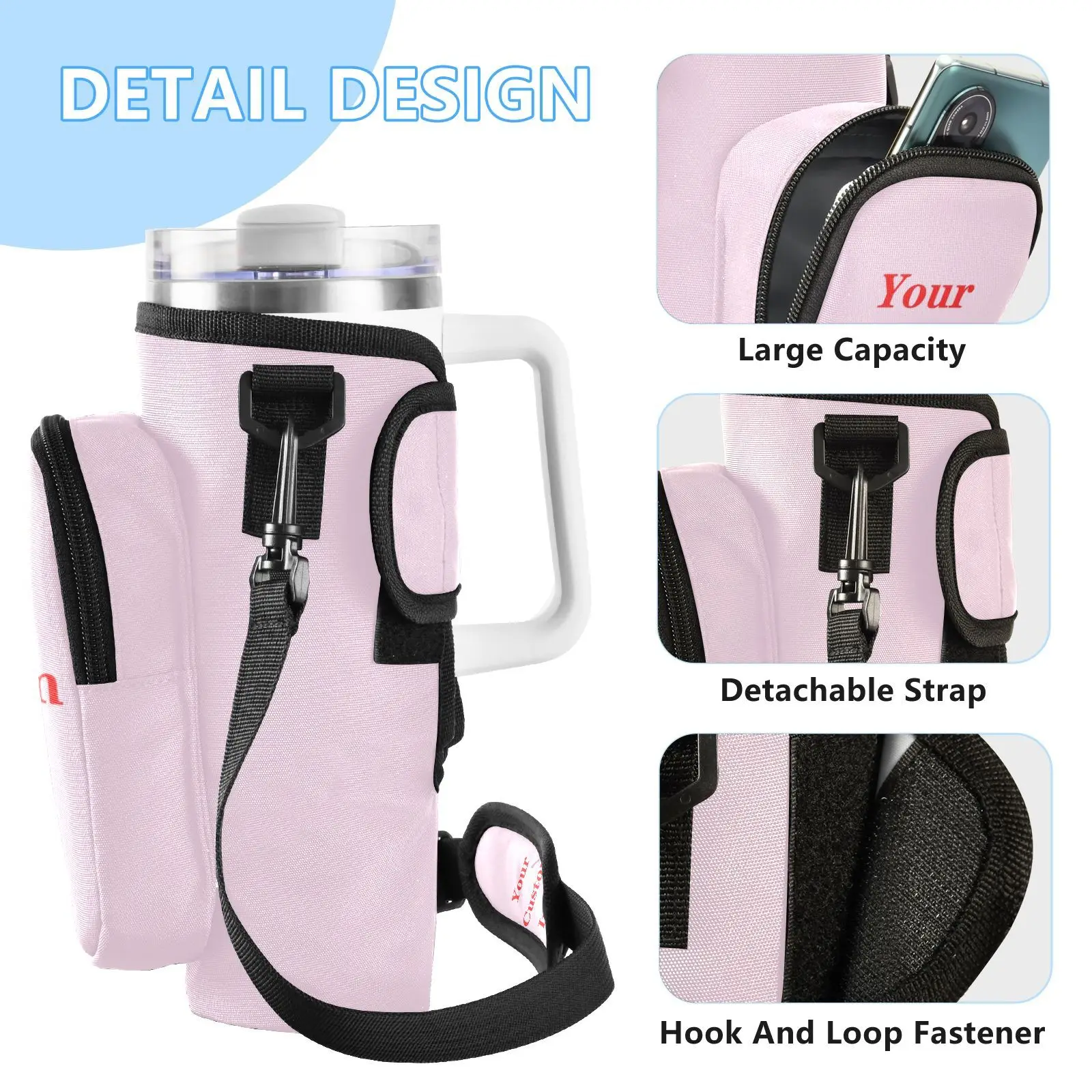 Water Bottle Carrier Bag Multi Pockets Water Bottle Bag with Phone Pocket Water Bottle Sling Bag 40oz Cup Accessories Custom