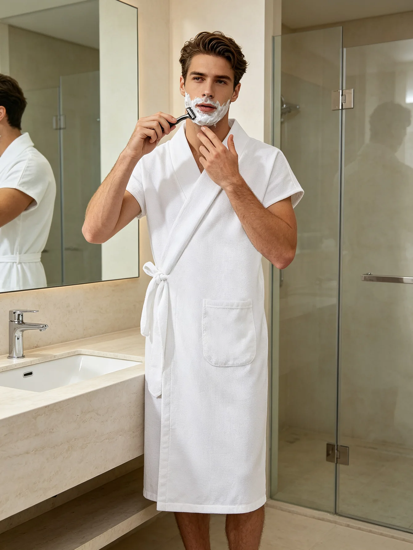 Unisex Terry & Waffle Bathrobe Short Sleeve Cross Wrap Quick Dry Absorbent Lightweight Loungewear for Summer Spa