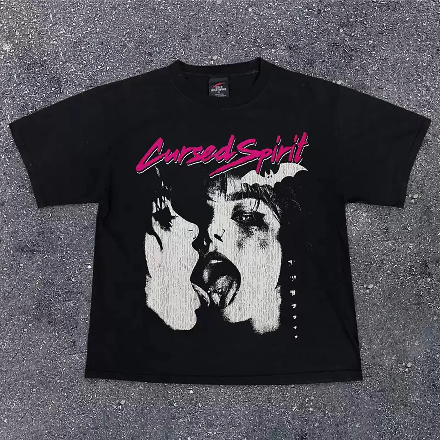 90s Dark Y2K Streetwear T Shirt for Men, Faded Cracked Texture Monochrome Distressed Woman Portrait with Bat Detail & Graffiti Font Slogan, Oversized Crew Neck Soft Washed Cotton Casual Tops.