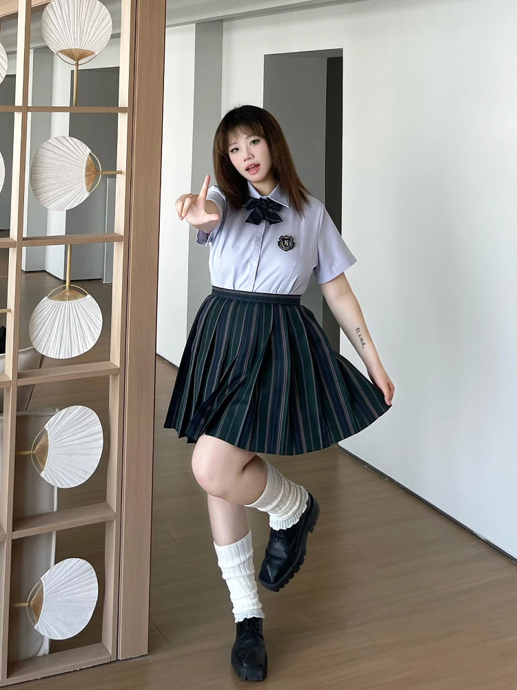 Large Size Jk Dark Green Striped High Waist Age-reducing Short Pleated Skirt Summer Girl Water Purple Leisure Versatile Shirt