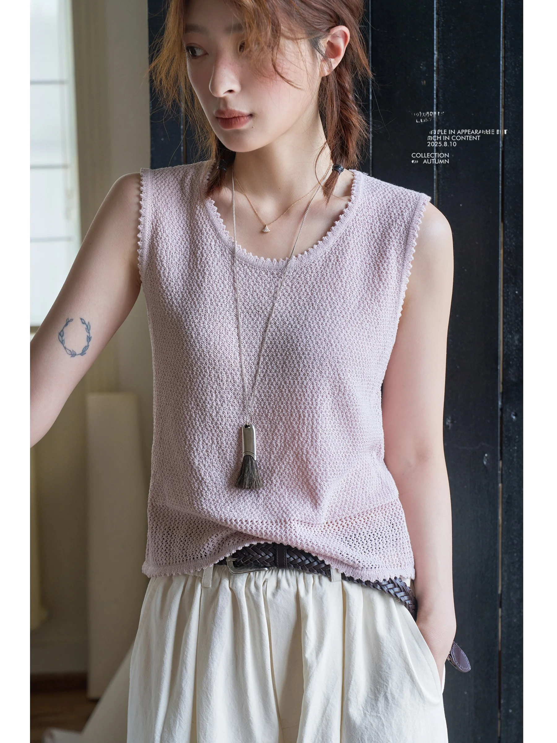 

Женский вязаный жилет из смесового хлопка с ажурной текстурой и кружевной отделкой, с глубоким U-образным вырезом, в стиле Тасмания, для ношения под одеждой