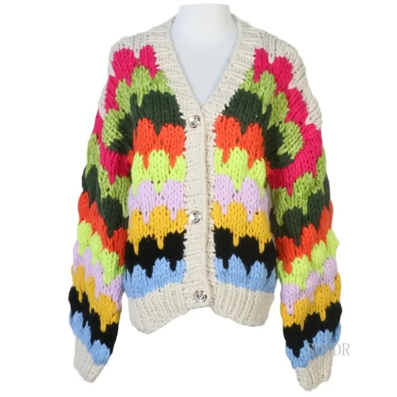 Rainbow Stripedknitted Cardigan Women Handmade Pin Sweater Jacket 2024 Autumn Winter Warm Thick Lazy Women's Sweater Cardigan