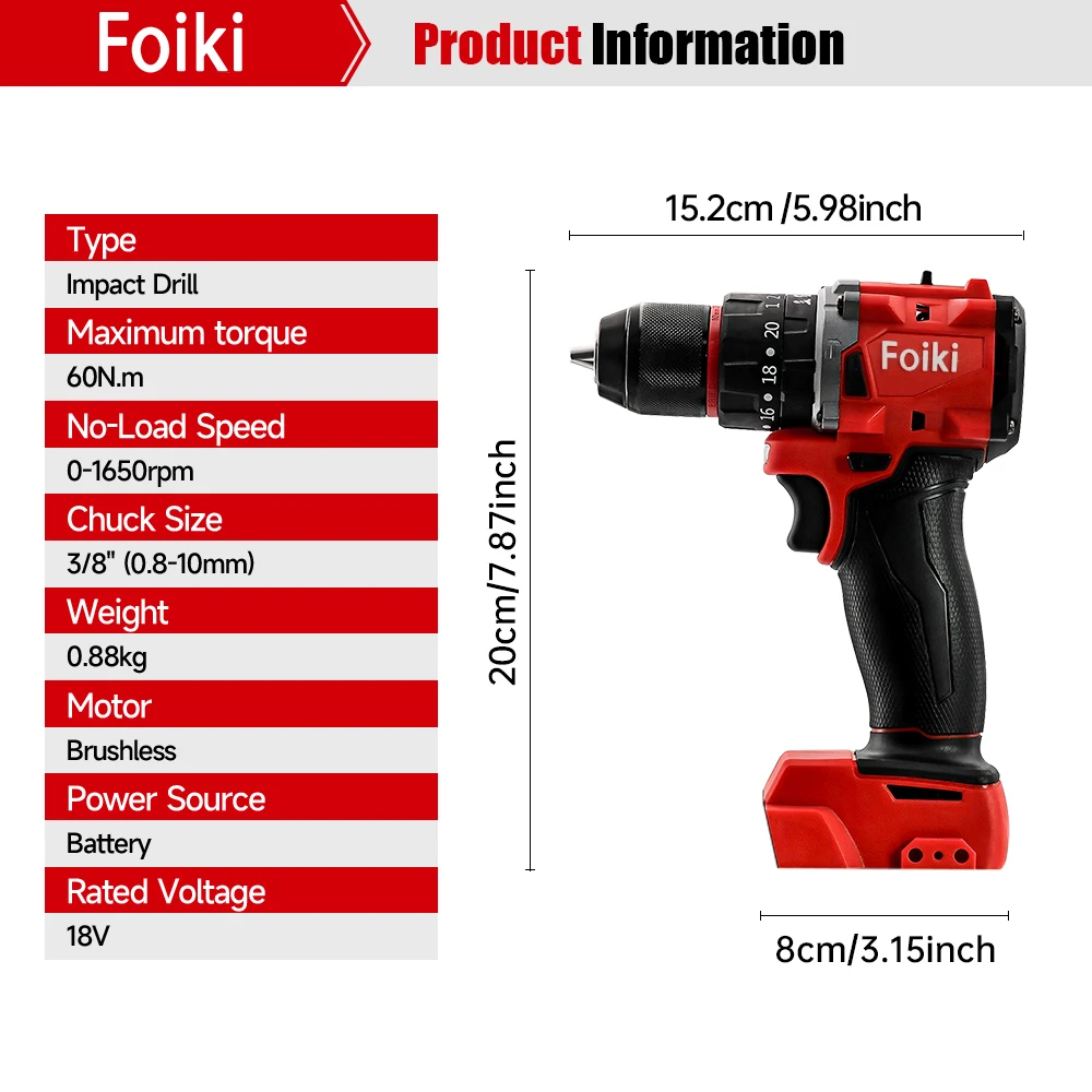 Taladro de impacto sin escobillas Foiki de 18 V, velocidad ajustable de alto par de 60 N · m para decoración profesional/montaje de muebles/proyectos de bricolaje