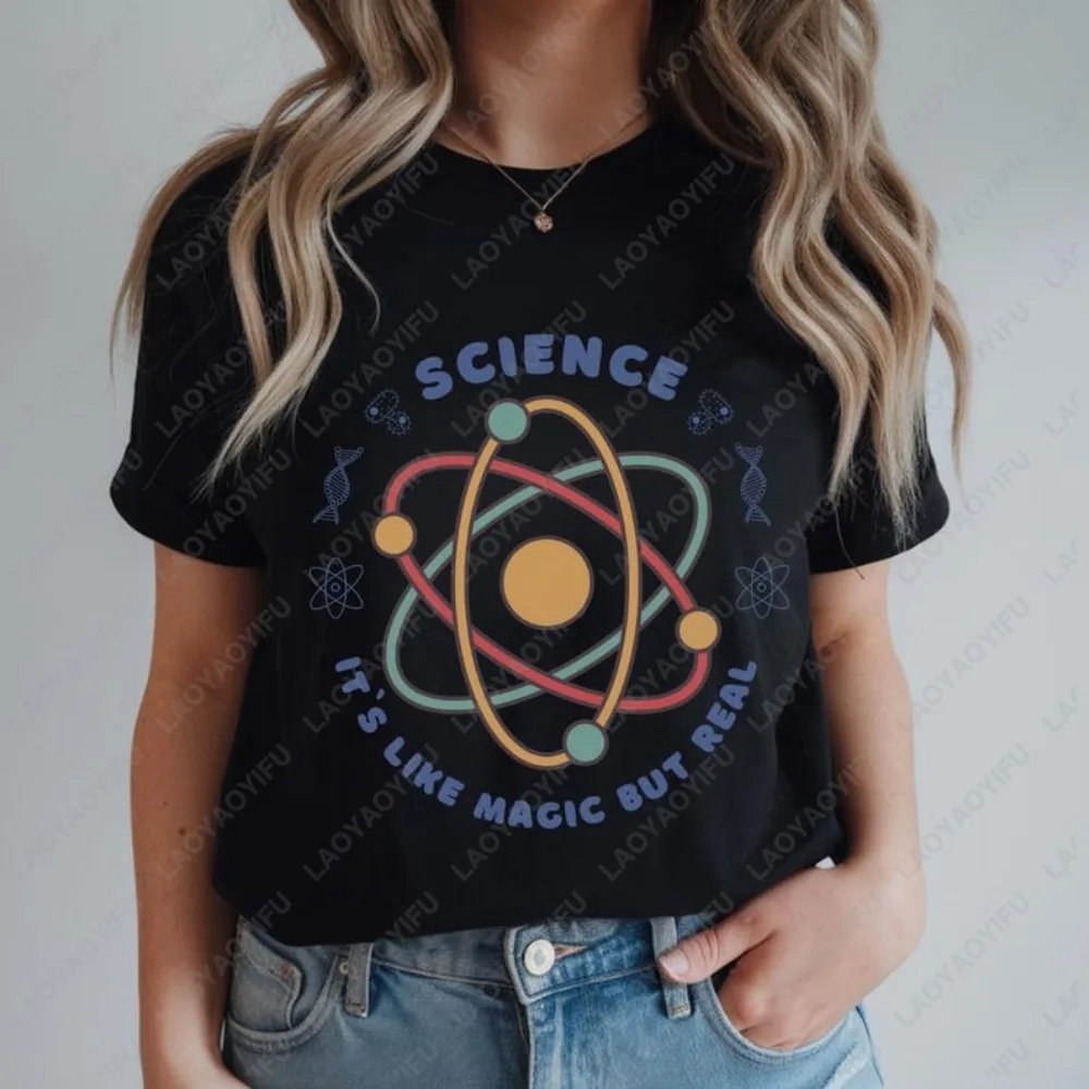 Science It's Like Magic But Real T-Shirt Women Atom Graphic Science Lover Teacher Casual Crew Neck Short Sleeve Cotton Cool Tee