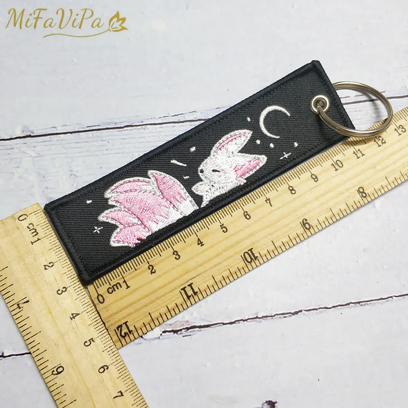 MiFaViPa 1 PC Embroidery Keychain Pink Nine-tailed Fox Keyring for Women Porte Clef Fashion Key Chain Keychain Sleutelhanger