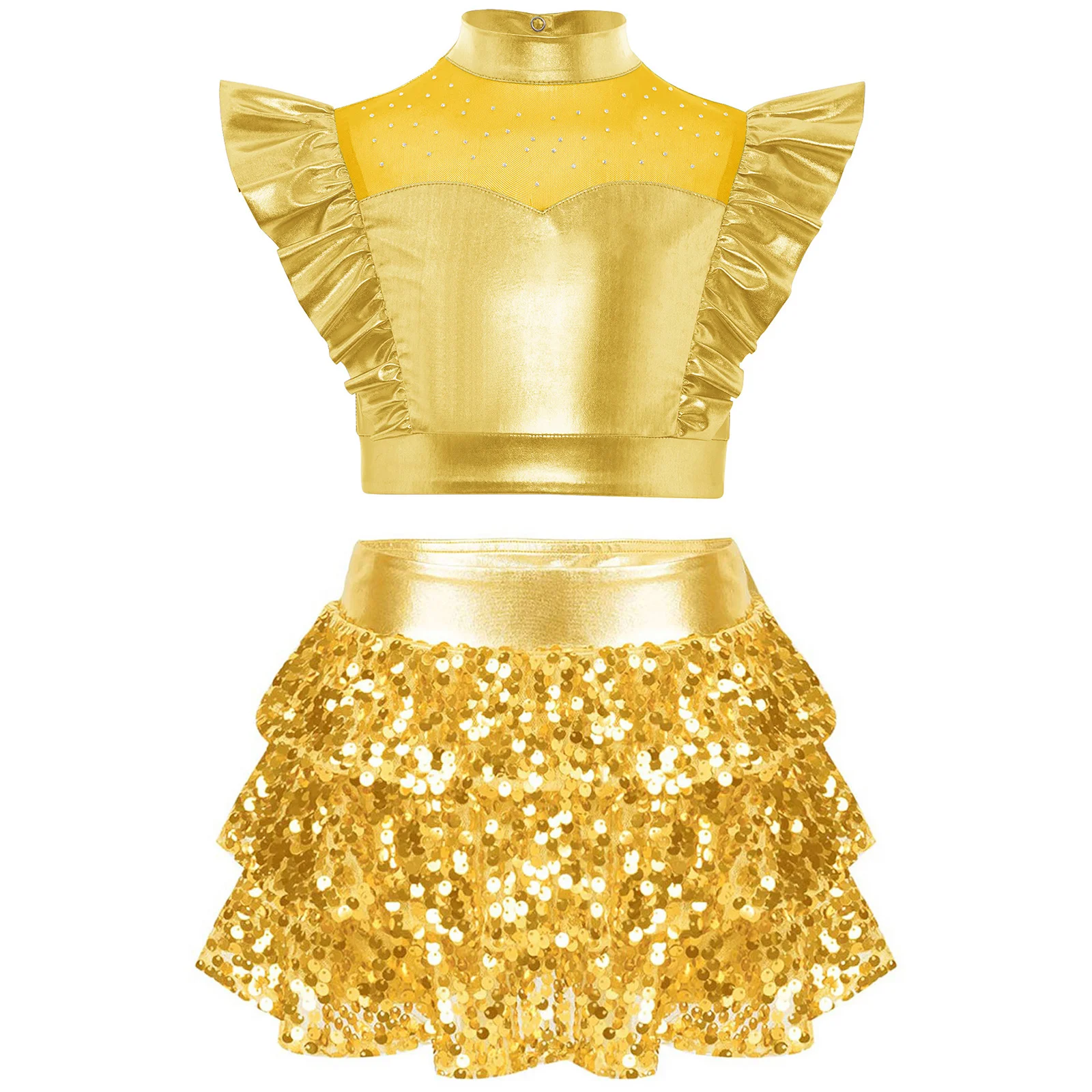 

Kids Girls Jazz Dance Outfit Shiny Rhinestones Metallic Sleeveless Crop Top+Sequins Tiered Ruffled Culottes Hip-Hop Streetwear