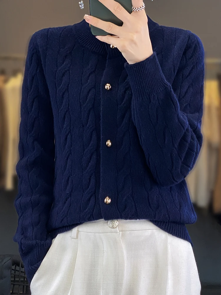 CHICUU-Pull en cachemire à col rond pour femme, cardigan en tricot torsadé, vêtements doux et chauds, 100% laine mérinos, tricots vintage, automne et hiver