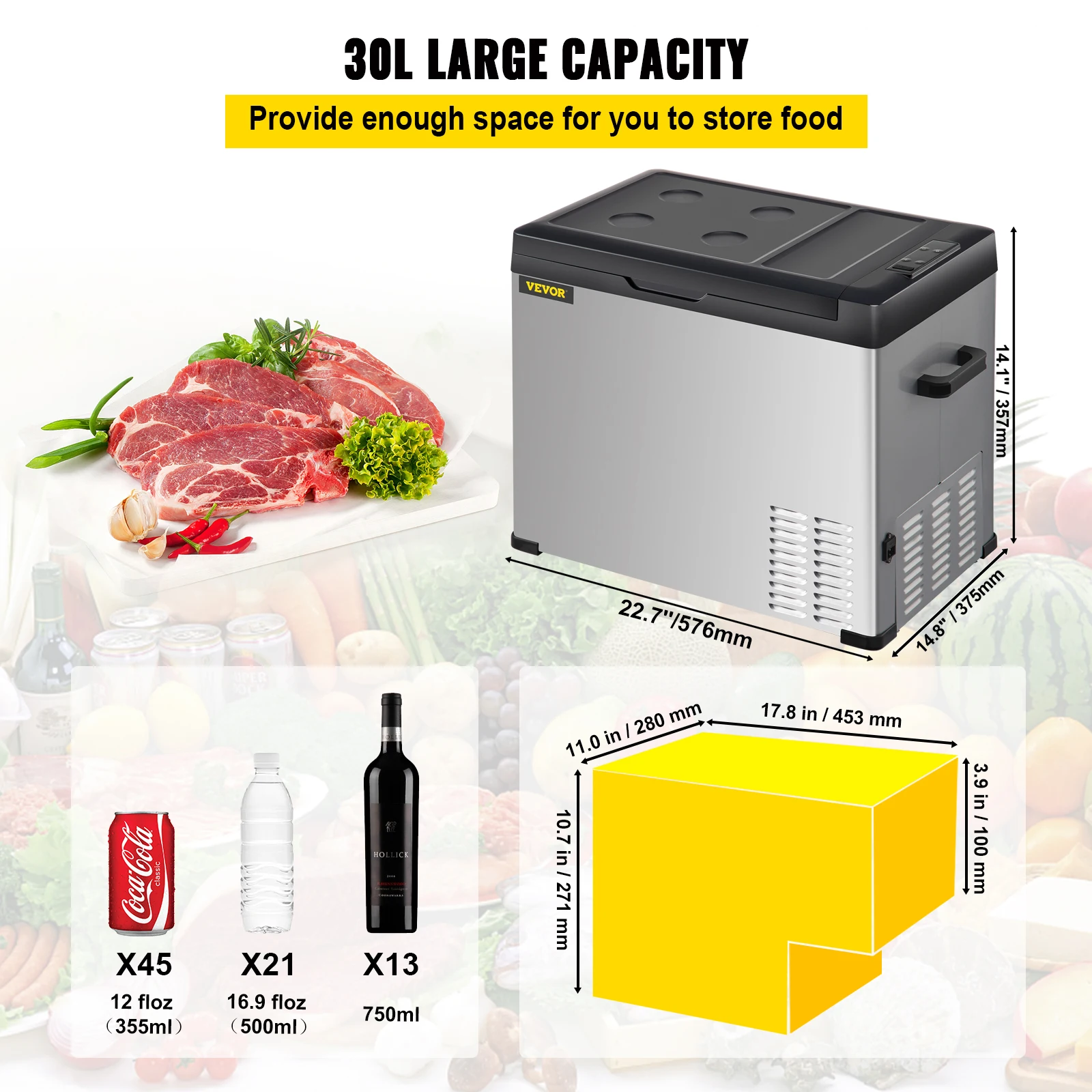 VEVOR 30L Mini Car Refrigerator Portable Fridge Freezer 12/24V DC 110-240 AC for Outdoors RV Boat Camping Traveling Use