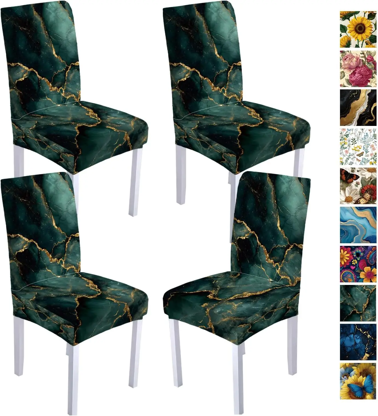 Green Marble Dining Chair Cover 1 Pc, Stretch Removable Slipcover Anti-dust Seat Protector for Kitchen Wedding Party