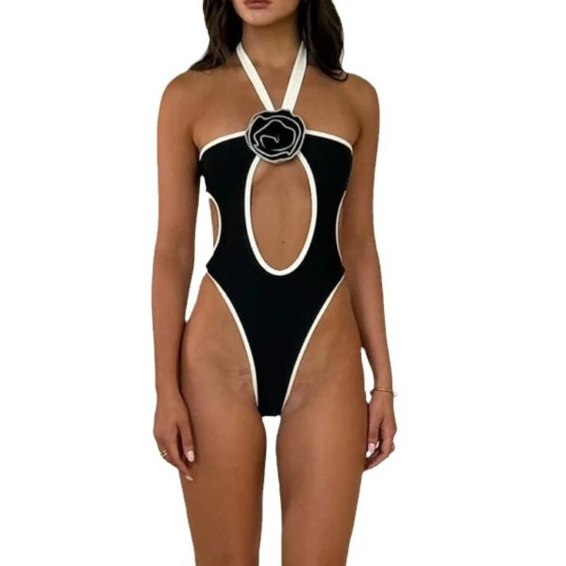 Women Halter One Piece Swimsuit 3D Floral Decor Cutout Monokini High Leg Bathing Suit