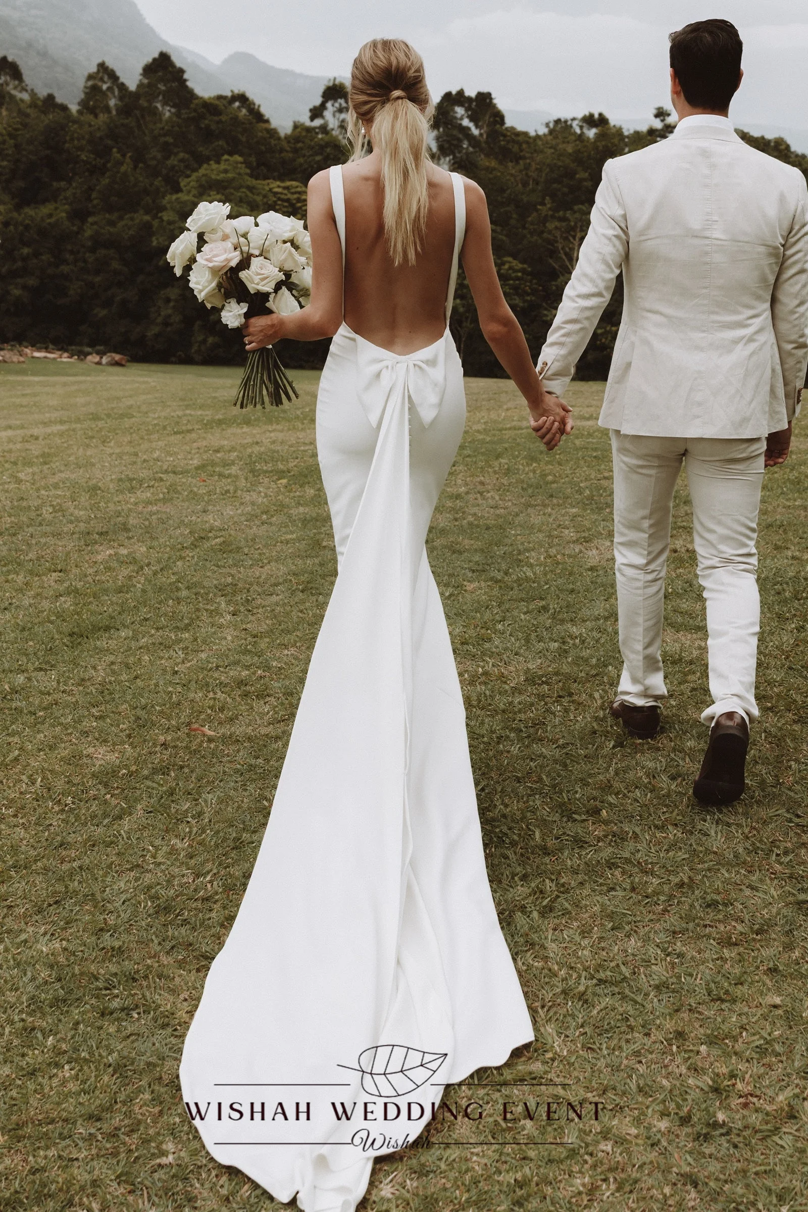 Wishah Customized Mermaid Bohemian Satin Wedding Dress U‑Neck Sleeveless Floor Length Chapel Train Low Back With Bow Bridal Gown