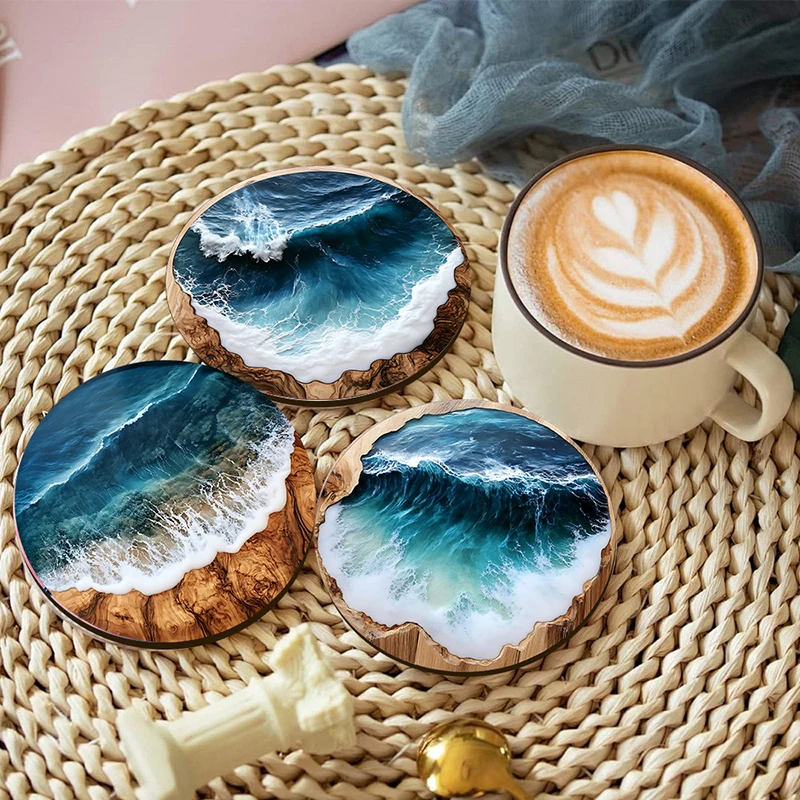 4-teiliges Set aus runden Holz-Untersetzer und Tischsets mit blauem Ozean – für Zuhause, Café, Party-Tischdekoration, langlebige Getränkeuntersetzer für stilvolles Essen