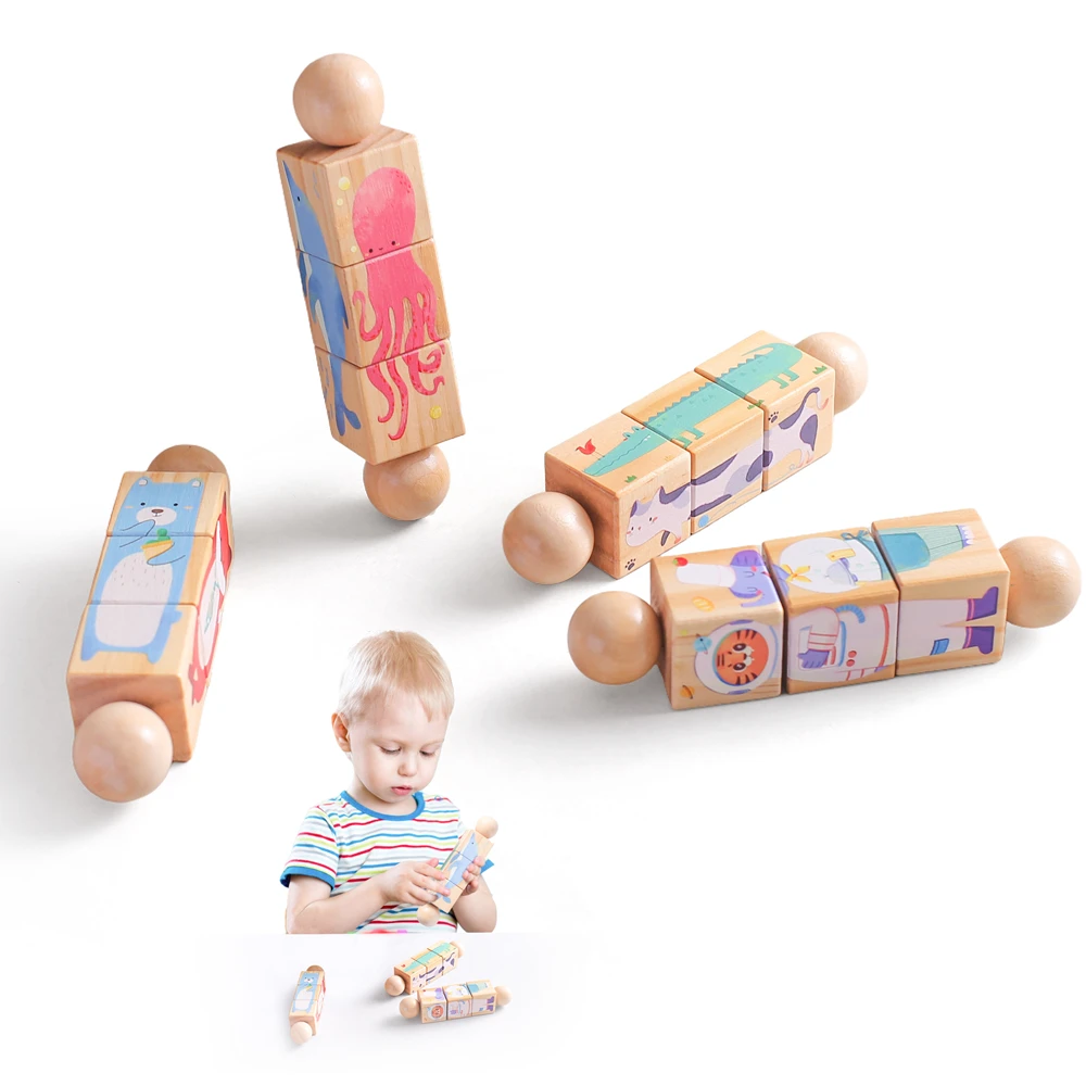 Wooden Rotating Puzzle Cube Early Education Toys 360 Degree Rattle Spin Four Animal Shapes Hand Eye Coordination Toys for Baby