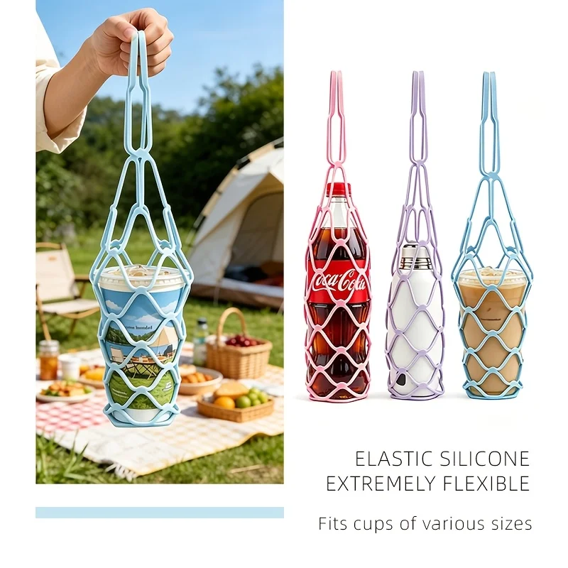Reusable Silicone Wine Bottle Storage Bag Mesh Basket Water Bottle Tote Mat Cup Organizer for Picnic Multi-functional Coasters