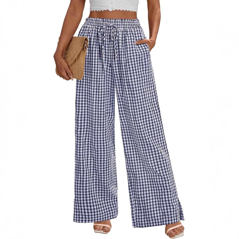 Geruite damesbroek met wijde pijpen en zakken voor herfst/winter Hoge taille Trekkoord Zwierig Casual modebroek voor Halloween