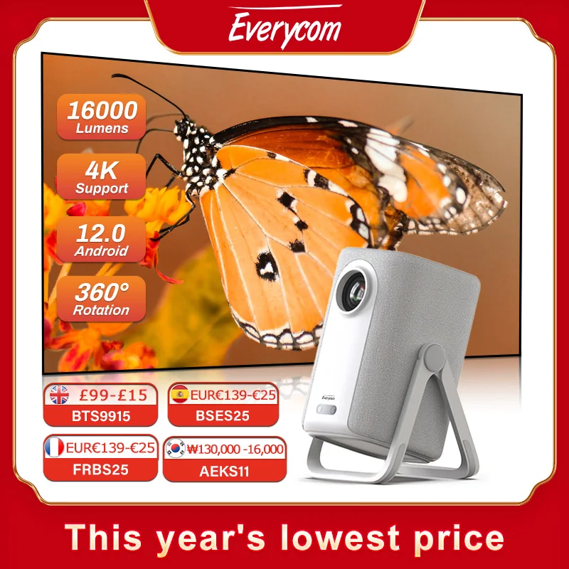 جهاز عرض Everycom R16 Full HD 1080P 4K بلوتوث واي فاي أندرويد 12 16000 لومن تركيز تلقائي متعاطي المخدرات مع 360 °   قوس الدورية