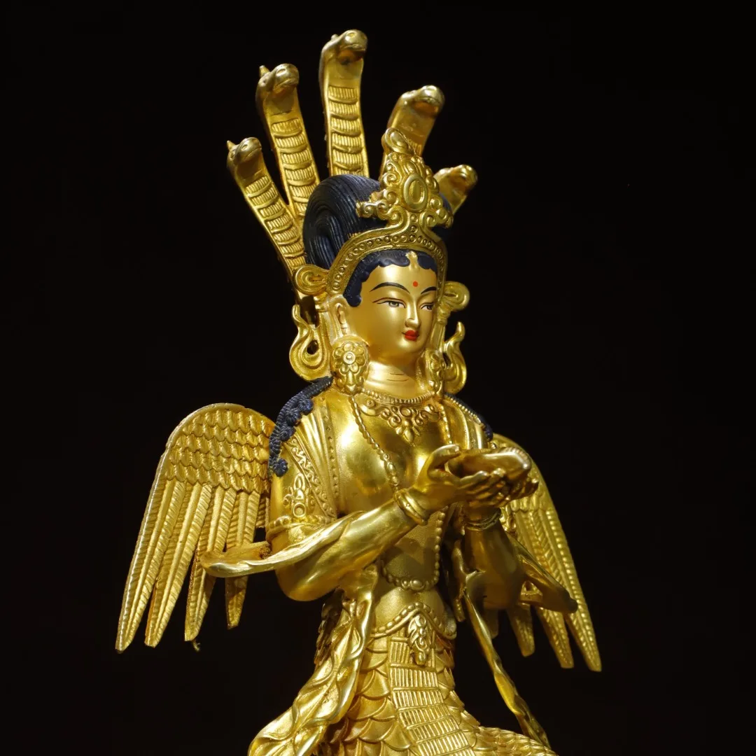 Old Bronze Gilded Painted Face Five headed snake backlight Dragon Tree Bodhisattva Snake body sitting Buddha Worship Hall
