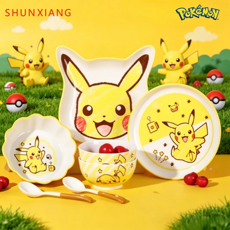SHUNXIANG Pokémon Children Ceramic Tableware Cartoon Pikachu Irregular Bowls& Plates Dinnerware Sets Microwave Ovens Safe Gift