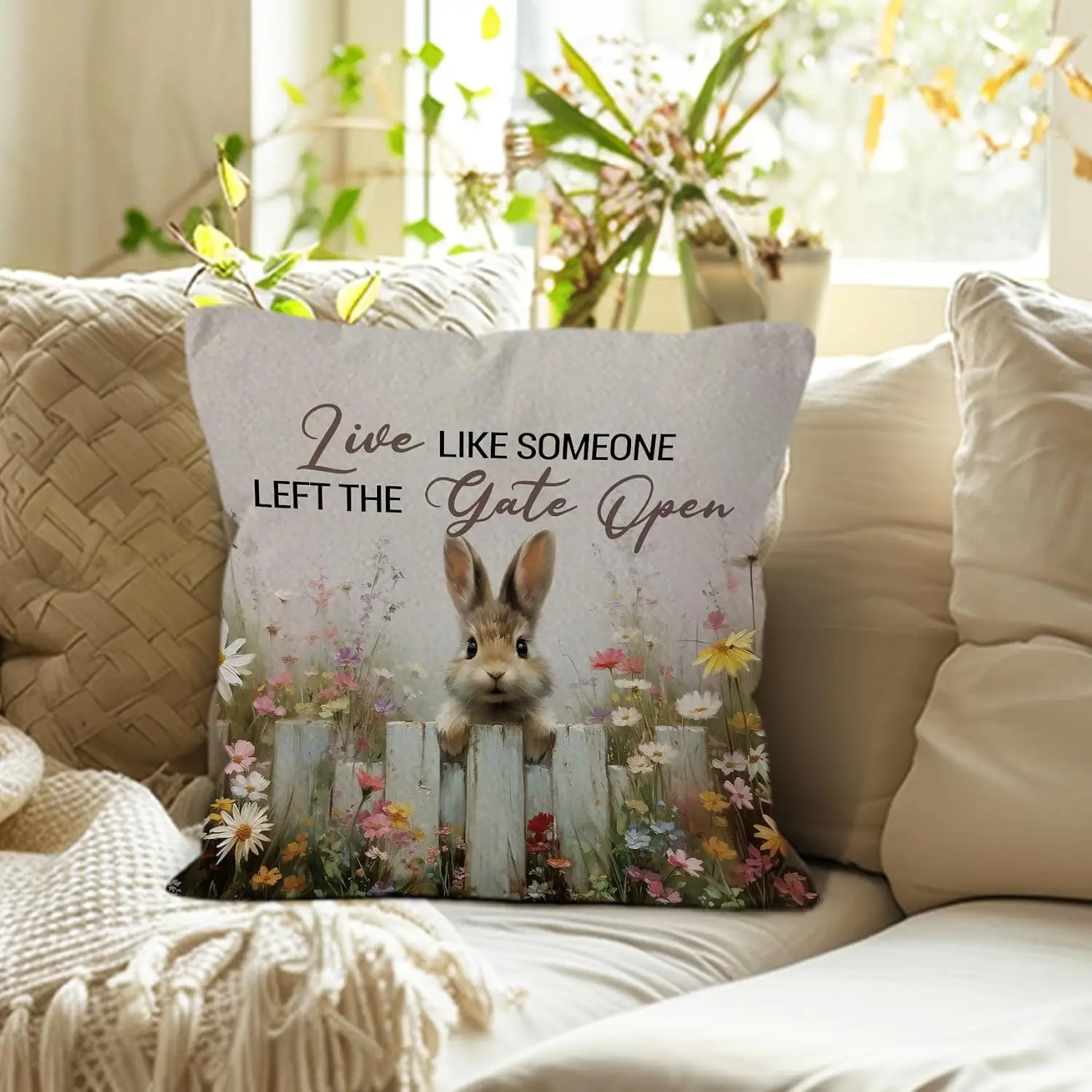 Decorative Bunny Floral Pillowcase Throw Cushion Cover Cottagecore Spring Quote Print 18x18 Inch Home Decor