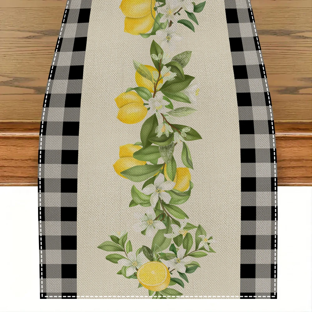 Fresh Lemon Plaid Pattern Linen Table Runner Elegant Dresser Scarf Kitchen School Holiday Party Home Decor