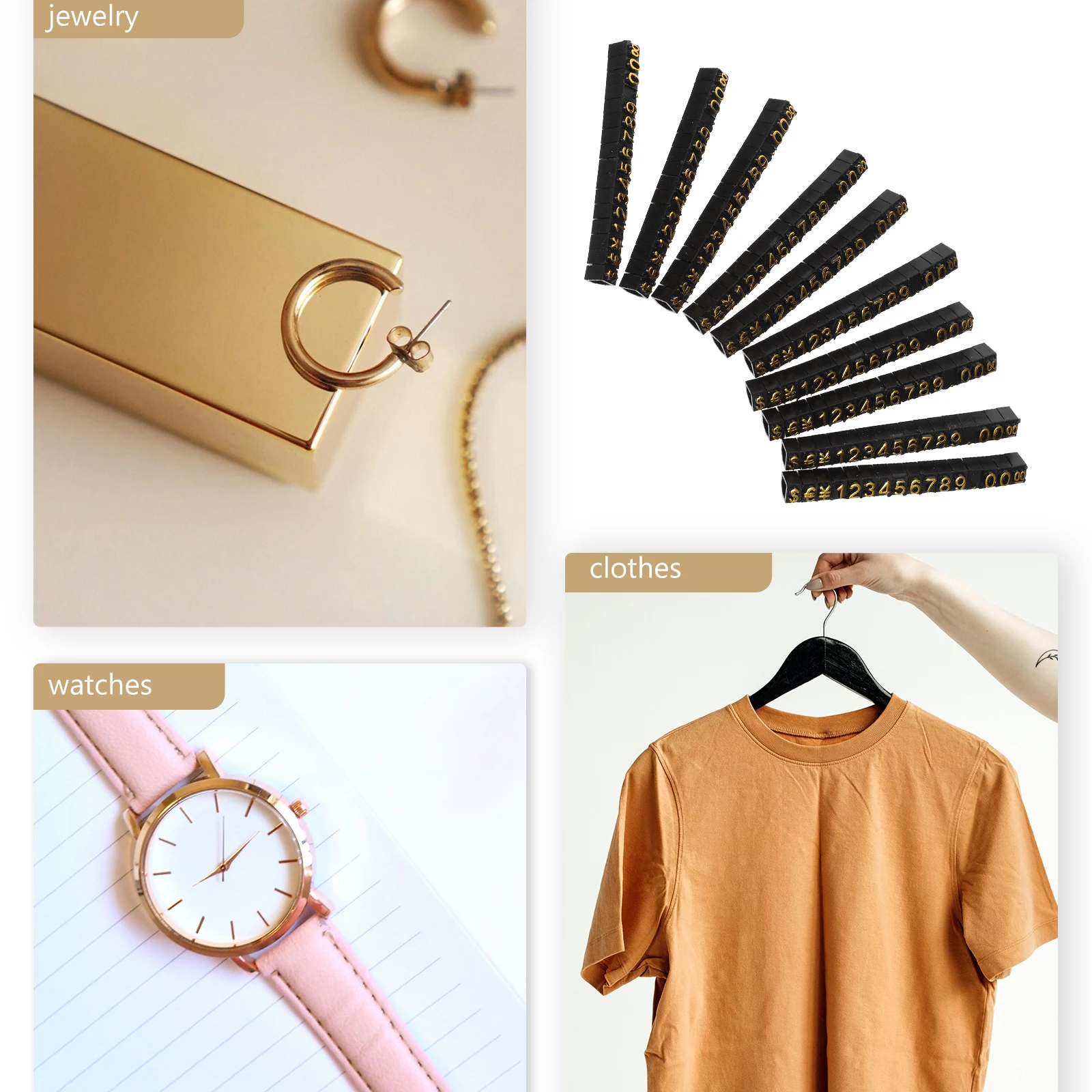 

10 Sets Black Gold Plastic Price Tags for Jewelry Display Adjustable Pricing Labels Small Size Folder Tab Accessories