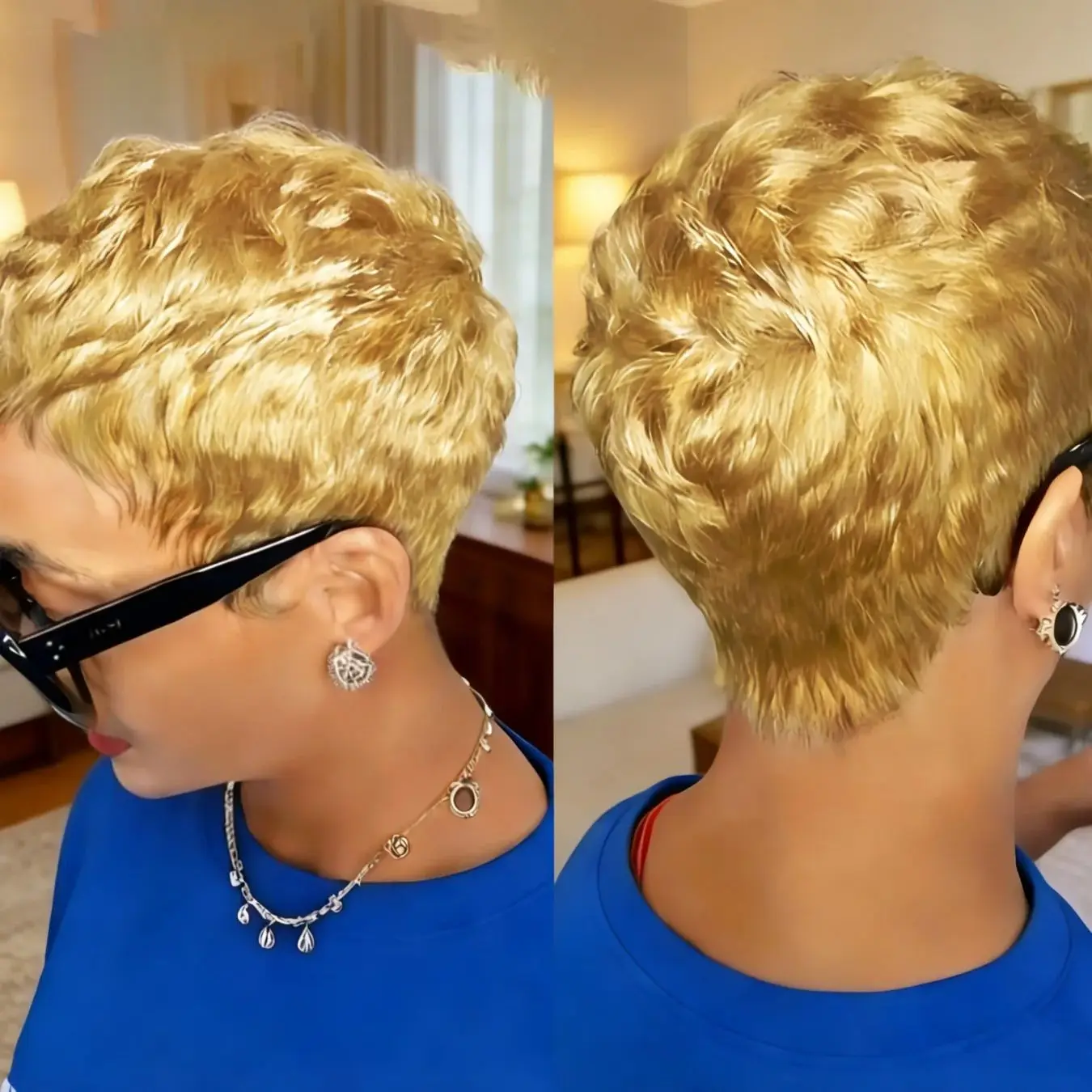Curly Wave Chic Elegant Pixie Cut Curly Wave Human Hair Wig for Women Full Machine Made Wig Short Layered Pixie Cut Curly Wave Wigs