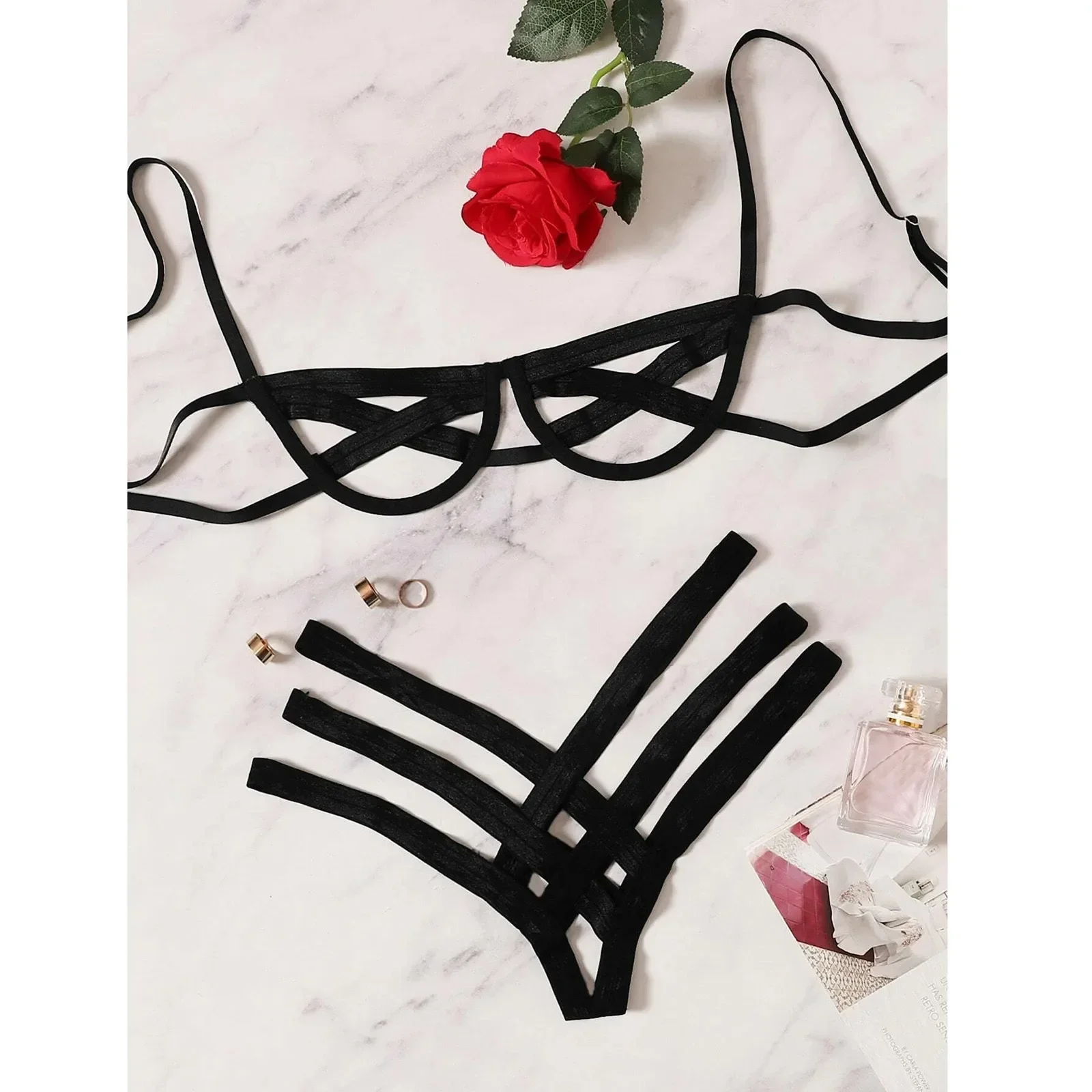 Bondage Harness Sexy Lingerie Bra Brief Set Women Erotic Hollow Out Black Cupless Cage Bra Thong Sexy Intimates Exotic Underwear