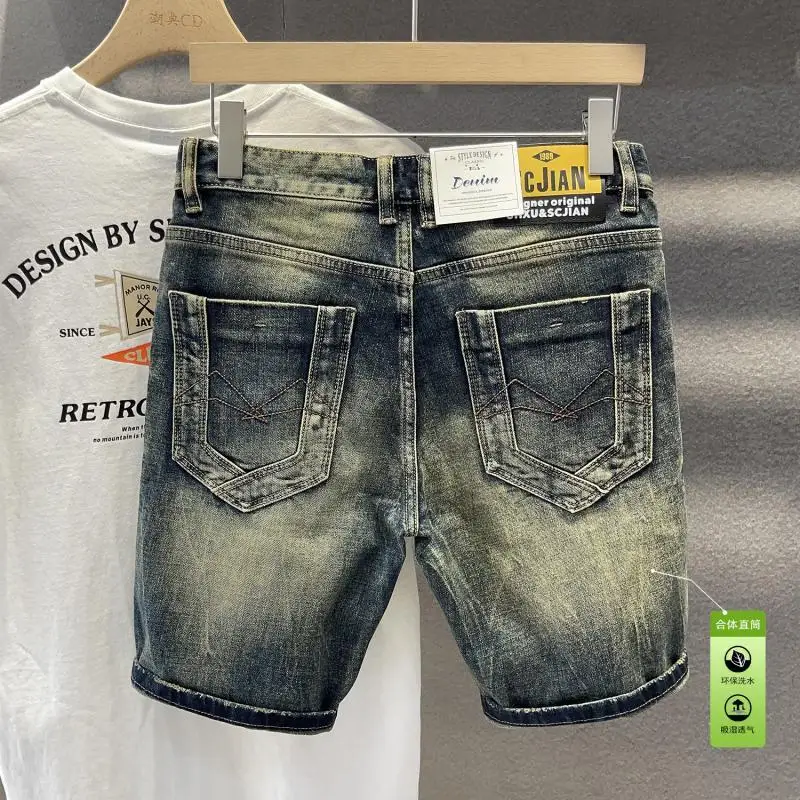 New Designer Clothes Boyfriend Korean Style Clothes Work Men's Denim Shorts Knee Length Distressed Ripped Casual Summer Jeans