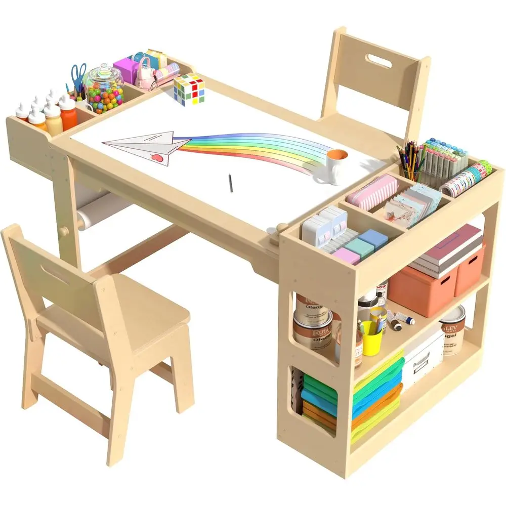 

Children's Art Desk with Storage and Chairs, Toddler Play Table for Drawing, Writing, and Learning