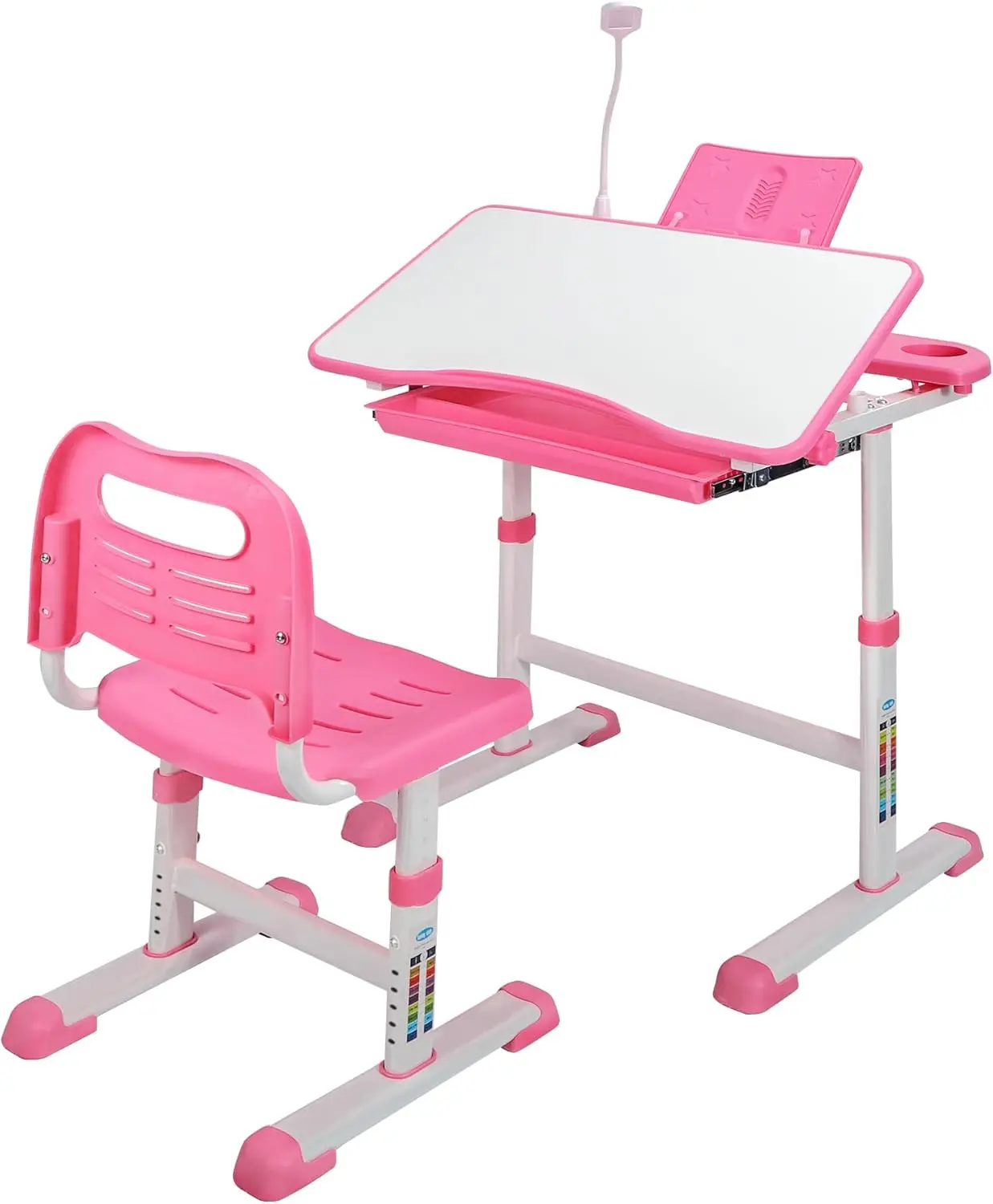 Kids Desk And Chair Set,Height Adjustable Child'S Study Table With Tilt Desktop,Led Light,Cup Holder,Bookstand And Storage