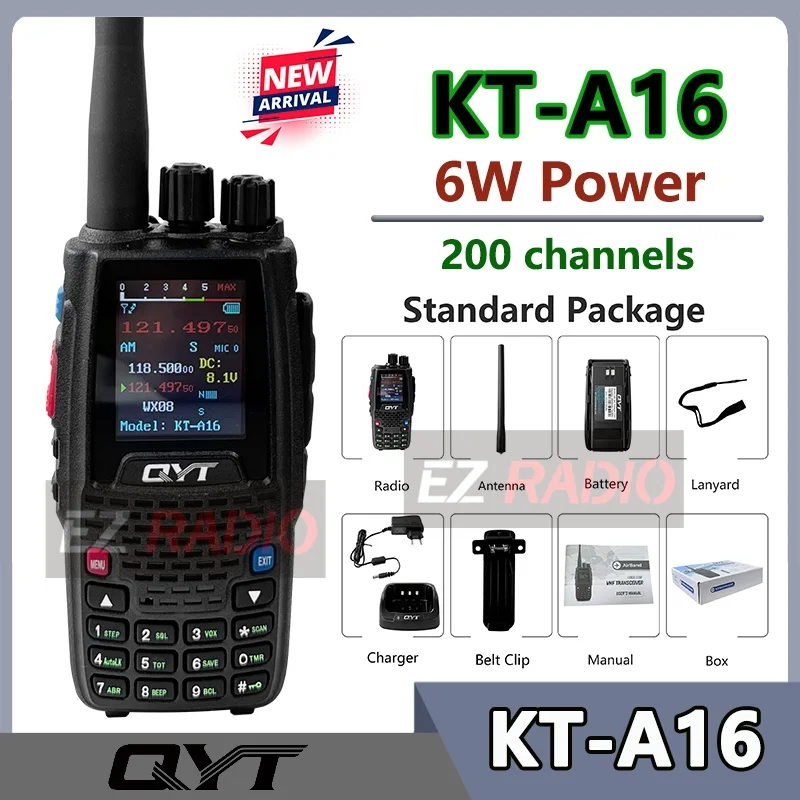 

QYT KT-A16 Air Band Radio Tx118.000-136.999MHz Rx108.000-136.999MHz 6W High Power 200Chann Handheld Transmit NOAA Walkie Talkie