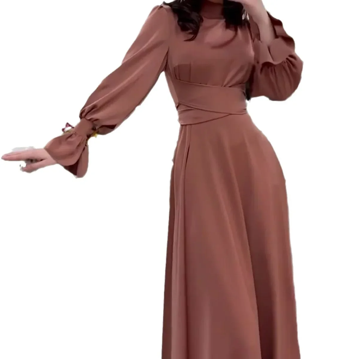 Elegant Temperament Dubai Abayas Satin Long Sleeves Dress for Women Casual Spring Muslim Dress Robe Femme Slim Evening Dresses