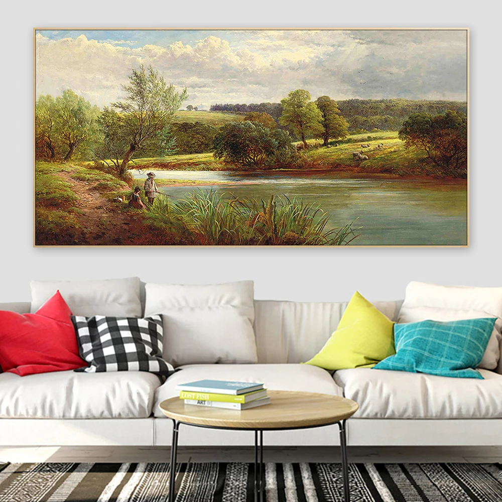 A Days Fishing on the River Canvas Painting 19th Century Wall Art Printed Mural Poster Home Decor Items Illustration