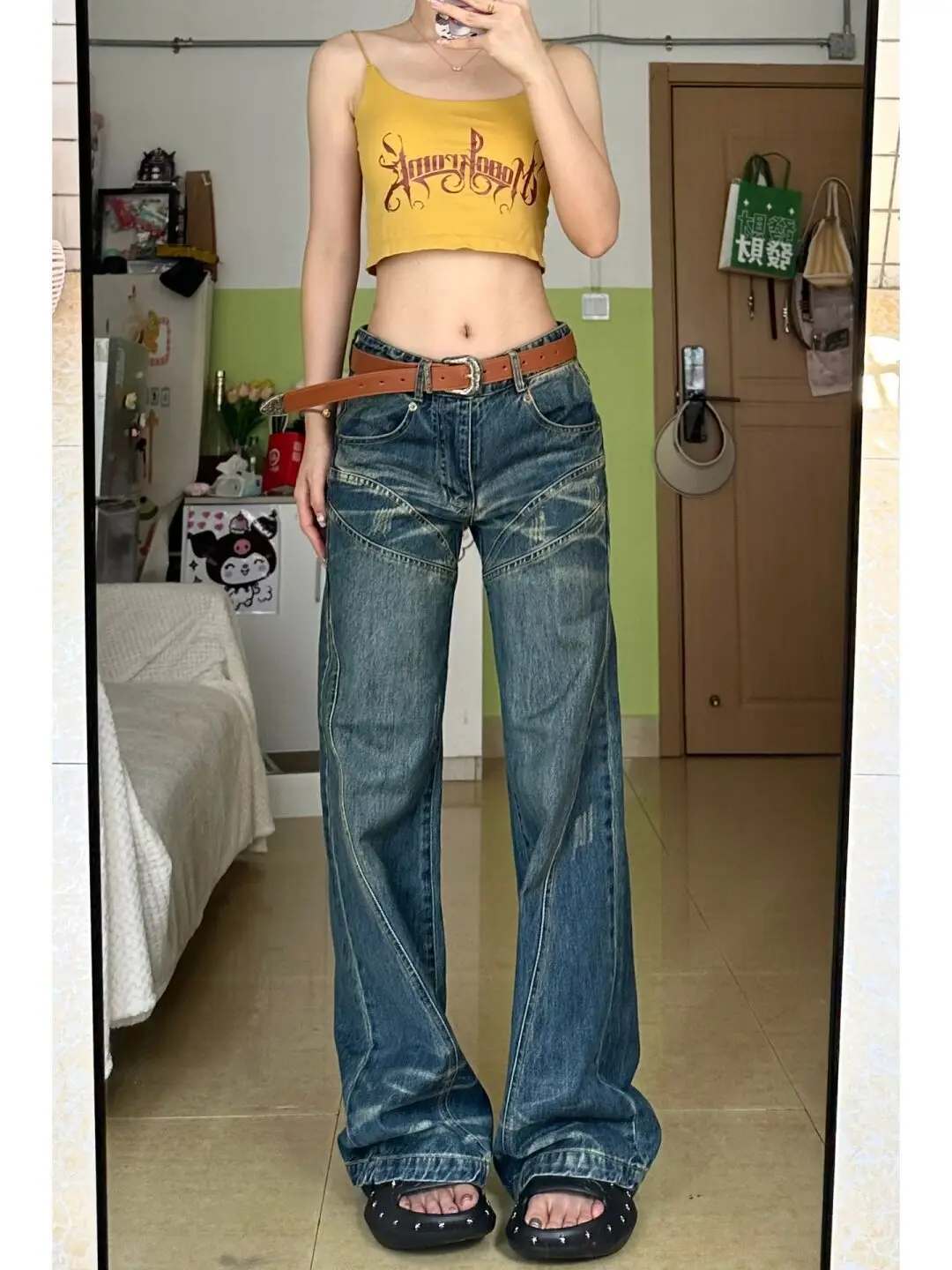 Goth Fashion Design Width Leg Jeans Women's Y2k Vintage Straight High Waist Baggy Denim Long Pants Emo Harajuku Streetwear Jeans