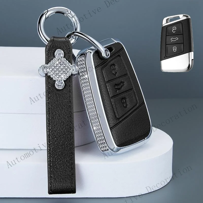 Z+ Diamond Leather Car Key Case Fob Cover For VW Passat B8 Jetta Skoda Arteon Atlas