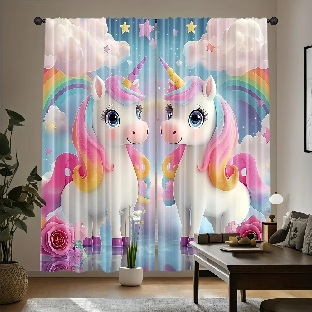 2PCS Digital Printed Curtains, Rainbow Unicorn Magical Fantasy Kids, Window Treatments for Living Room Bedroom Home Decoration