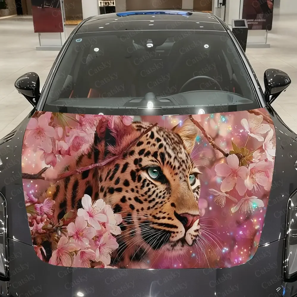 Leopard & Pink Cherry Blossoms Car Vinyl Wrap, PVC Material Waterproof Car Hood Sticker, Self-Adhesive Scratch-Resistant Sticker
