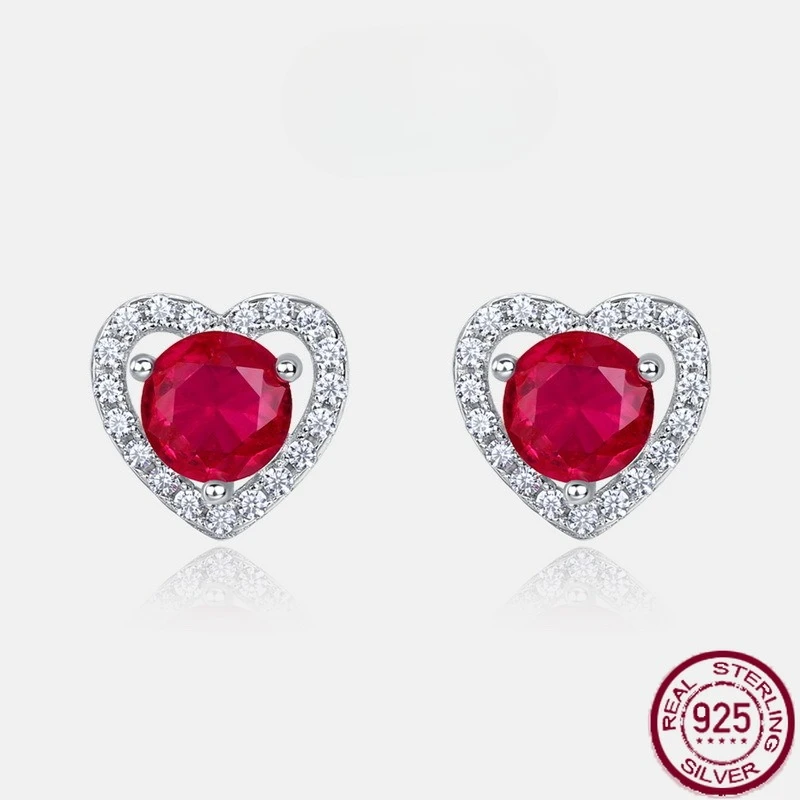 

New S925 pure silver heart full diamond red gemstone inlaid with colorful jewelry earrings, light luxury fashion wedding jewelry