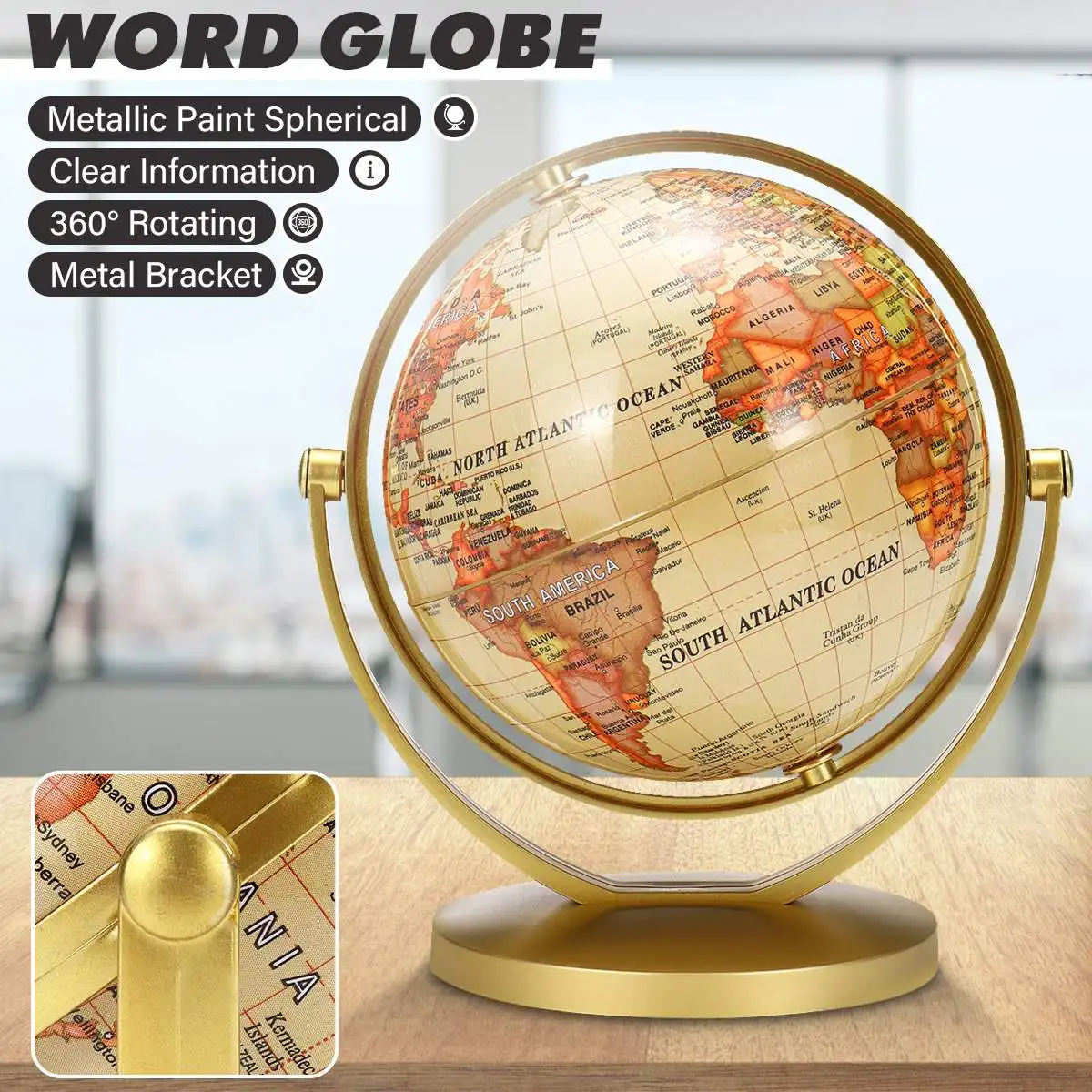 14CM/25CM Gold World Globe Map 360° Rotating With Stand School Geography Educational Supplies Kids Exploring Home Office Decor