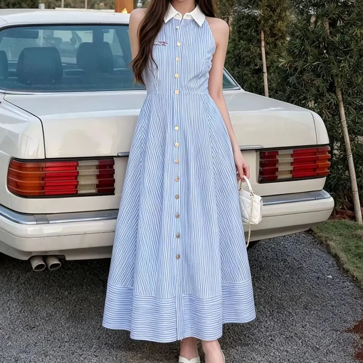 Women Striped Halter Midi Dress Contrast White Collar Front Button A Line Swing Dress Embroidered Sleeveless Vacation Dress