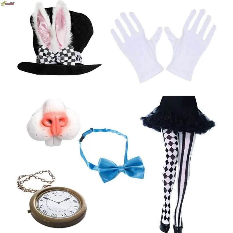 Rabbit Ear Hat Pocket Watch Stocking Bow Tie Nose Set Easter Day Purim Day Halloween White Rabbit Hat Alice Wonderland Cosplay