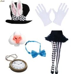 Rabbit Ear Hat Pocket Watch Stocking Bow Tie Nose Set Easter Day Purim Day Halloween White Rabbit Hat Alice Wonderland Cosplay