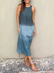 Gradient Print Sleeveless Long Dresses Women Summer New Fashion Loose Slit Dress Female Commuting Clothing Vestidos